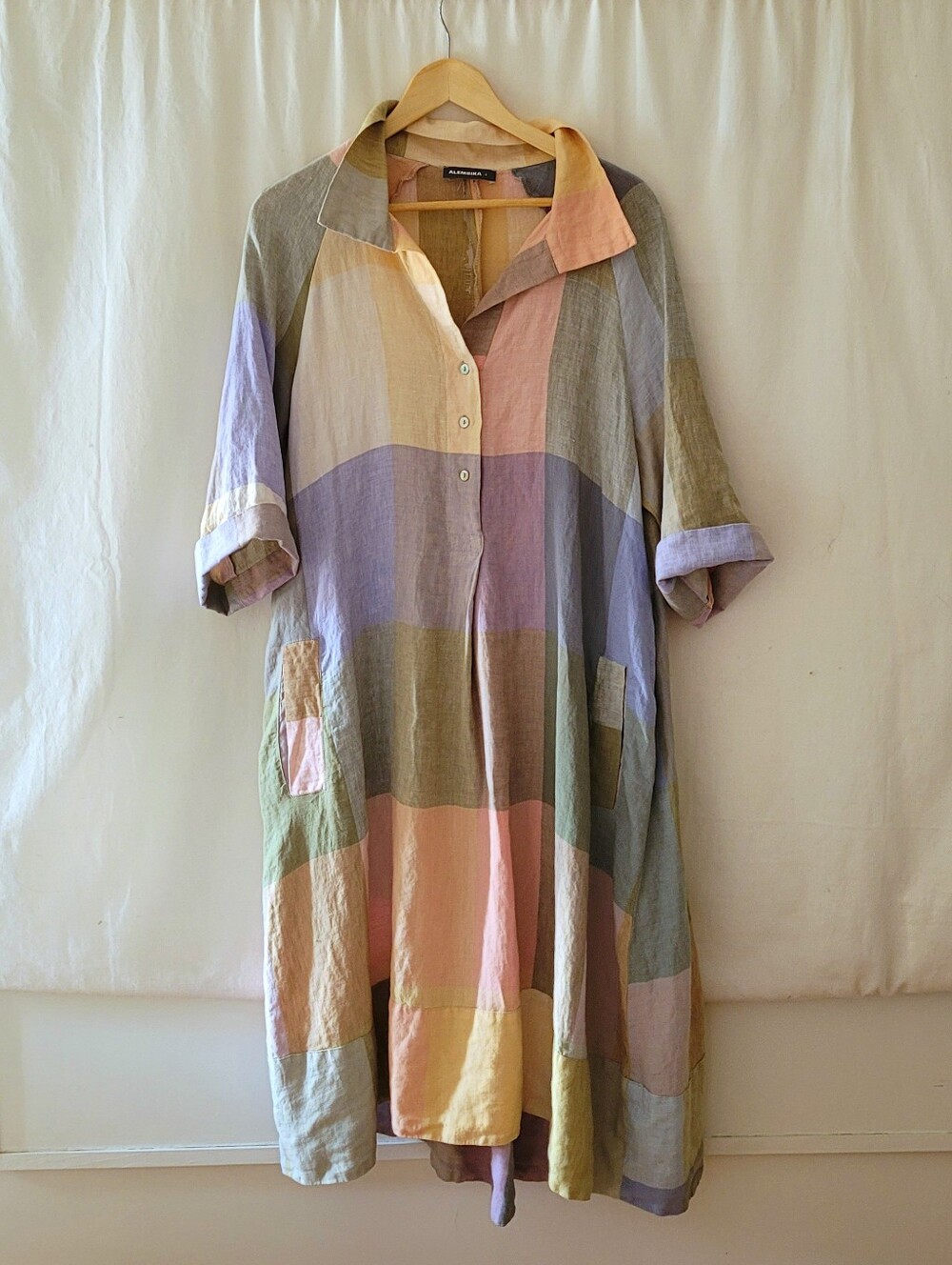 100% Linen Relaxed Midi Shirt Dress - Pastel